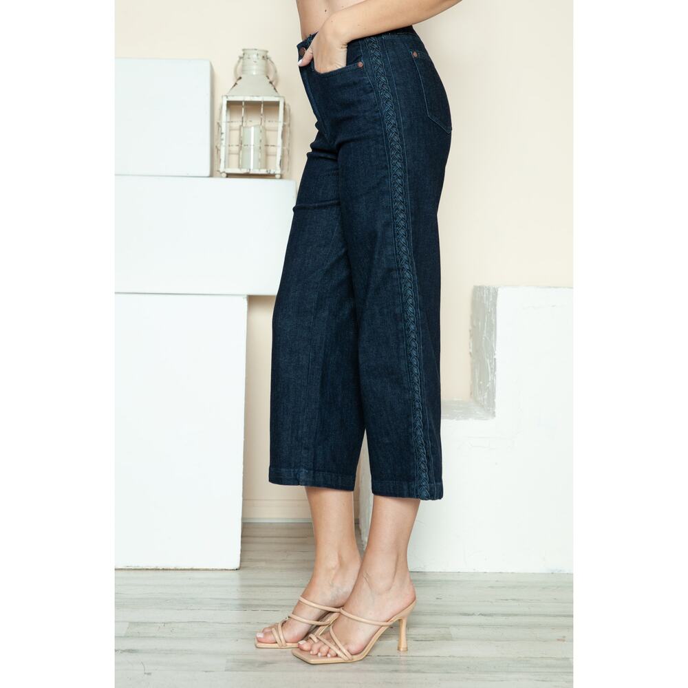 Judy Blue Side Seam Braid Detail Crop Wide Leg Jeans - JB88851 Rise - Size 0/24 - Picture 4 of 6
